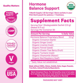 Pink Stork Hormone Balance Tea featuring Vitex for potential balance support.