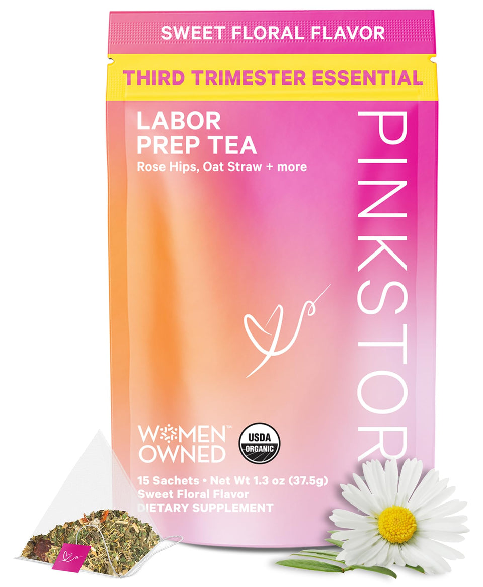 Pink Stork Labor Prep Tea box front with organic herbs for late-pregnancy comfort
