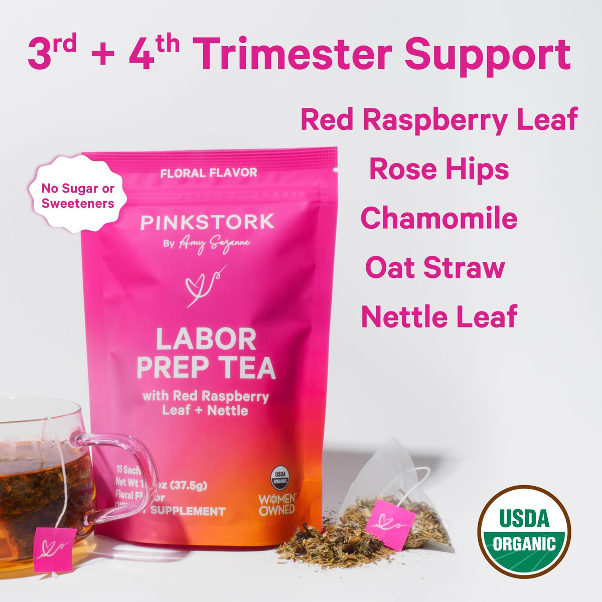 A steaming Pink Stork Labor Prep Tea cup with a warm, floral aroma