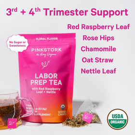 A steaming Pink Stork Labor Prep Tea cup with a warm, floral aroma
