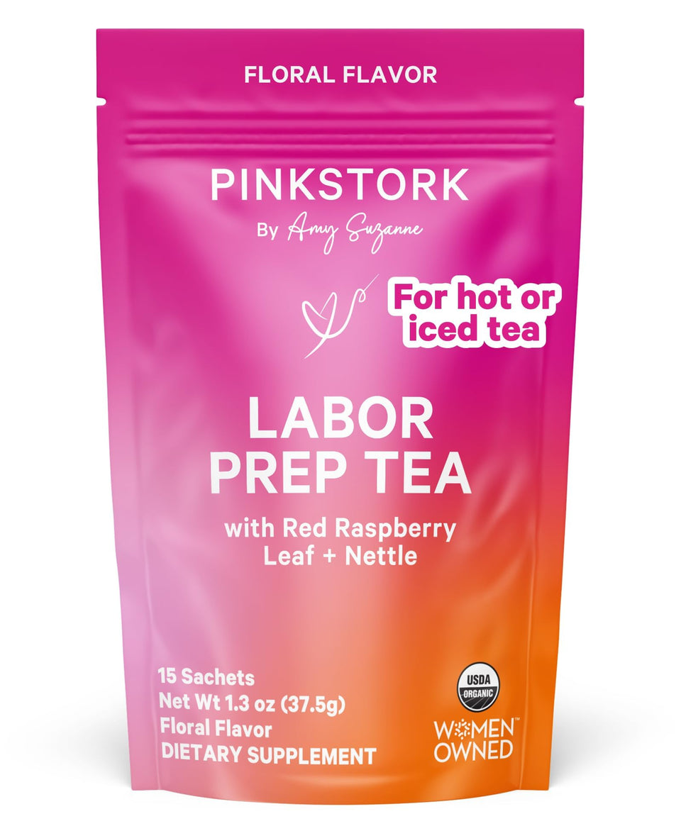 Pink Stork Labor Prep Tea packaging with sachets for late-pregnancy rituals