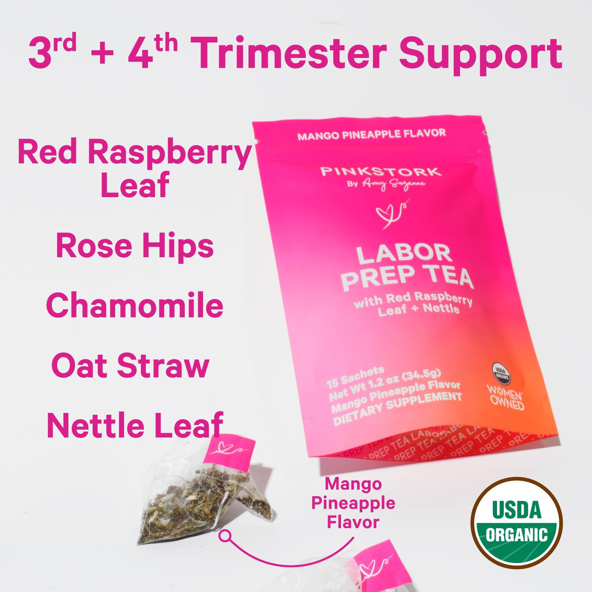 Pink Stork Labor Prep Tea mango-pineapple sachet steep for a bright aroma