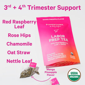 Pink Stork Labor Prep Tea mango-pineapple sachet steep for a bright aroma