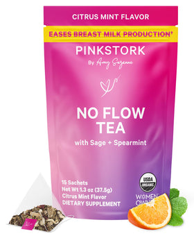 Pink Stork No Flow Tea cup steep showing caffeine-free support during weaning