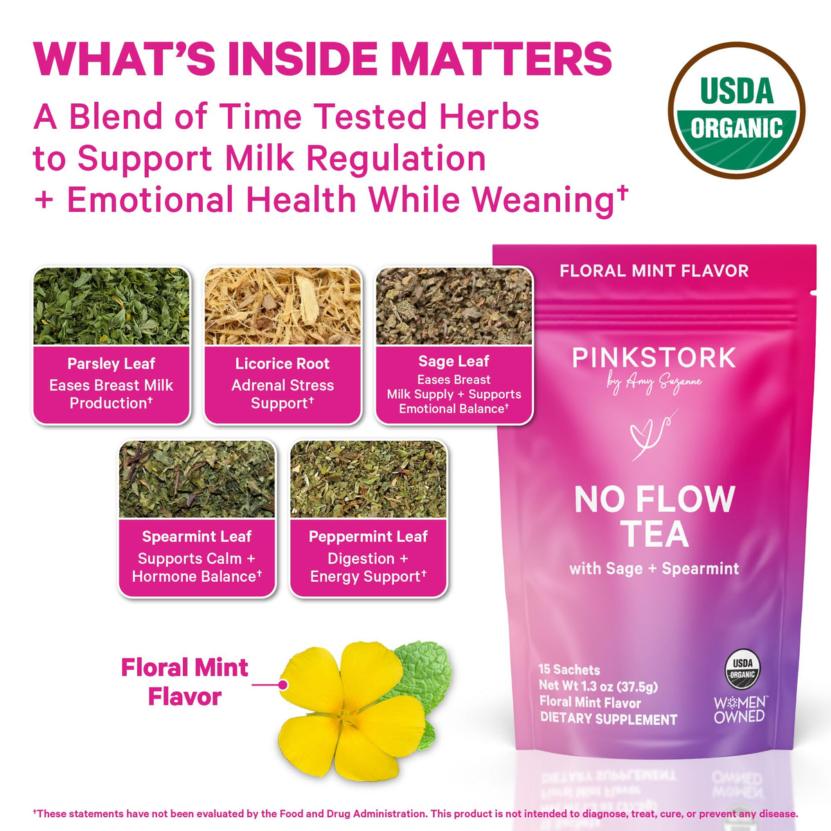 Pink Stork No Flow tea sachet closeup showing herbal ingredients for weaning support.