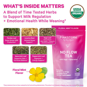 Pink Stork No Flow tea sachet closeup showing herbal ingredients for weaning support.