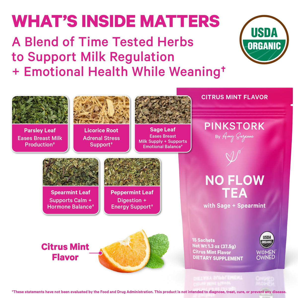 Pink Stork No Flow Tea pyramid sachet highlights gentle herbal blend for postpartum comfort