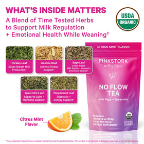 Pink Stork No Flow Tea pyramid sachet highlights gentle herbal blend for postpartum comfort
