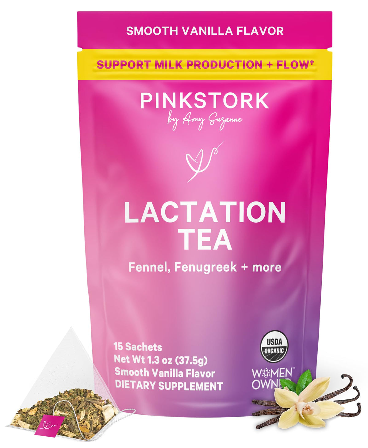 Pink Stork Organic Lactation Tea packaging front highlights caffeine-free blend for hydration.