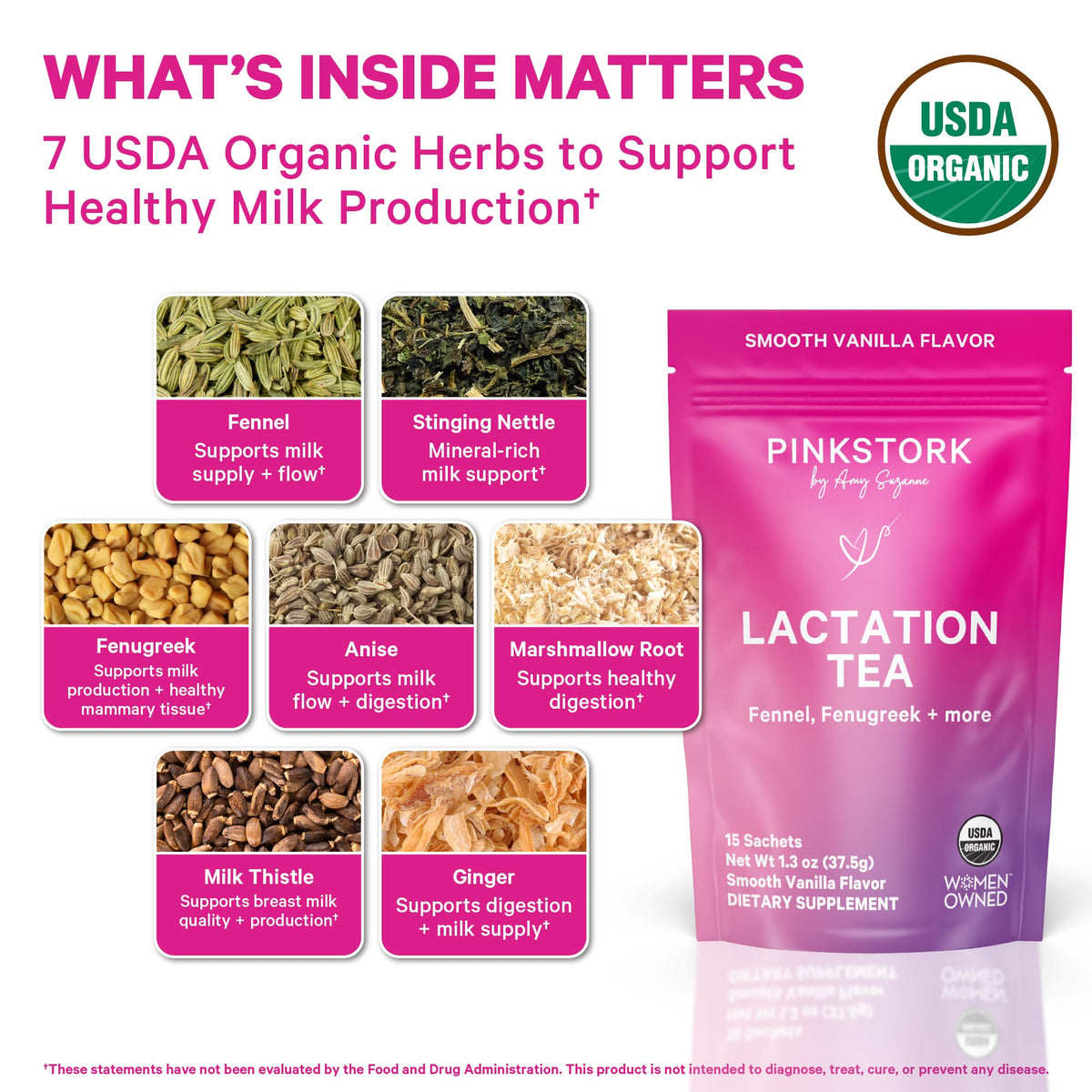 Pink Stork Organic Lactation Tea tea bag closeup shows fenugreek and fennel benefits.
