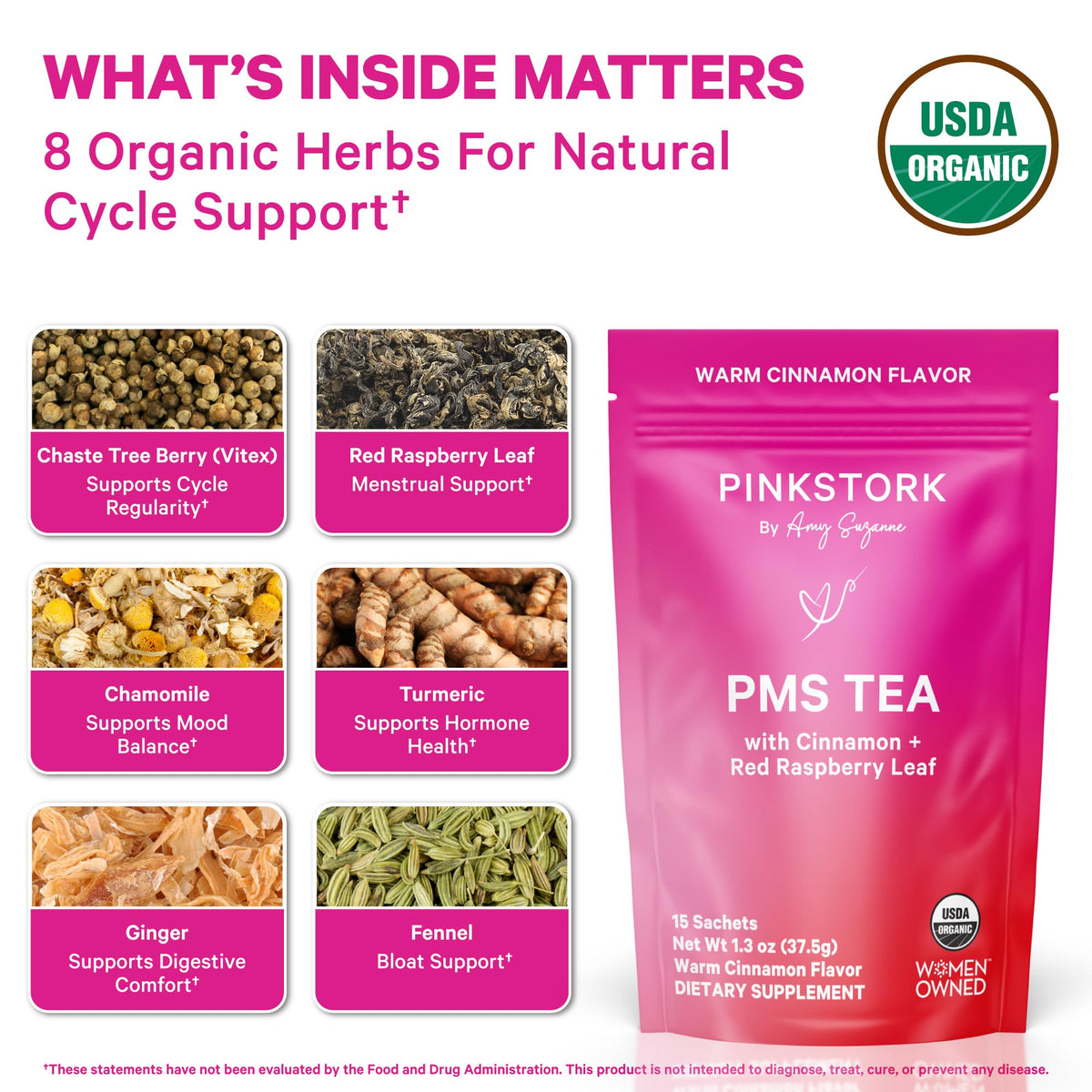 Pink Stork PMS Tea dry herbs blend showcases Vitex and chamomile for serene moments.