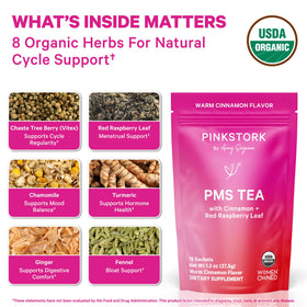 Pink Stork PMS Tea dry herbs blend showcases Vitex and chamomile for serene moments.