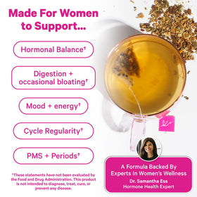 Pink Stork PMS Tea hot brew cup captures comforting warmth and relaxing aroma.