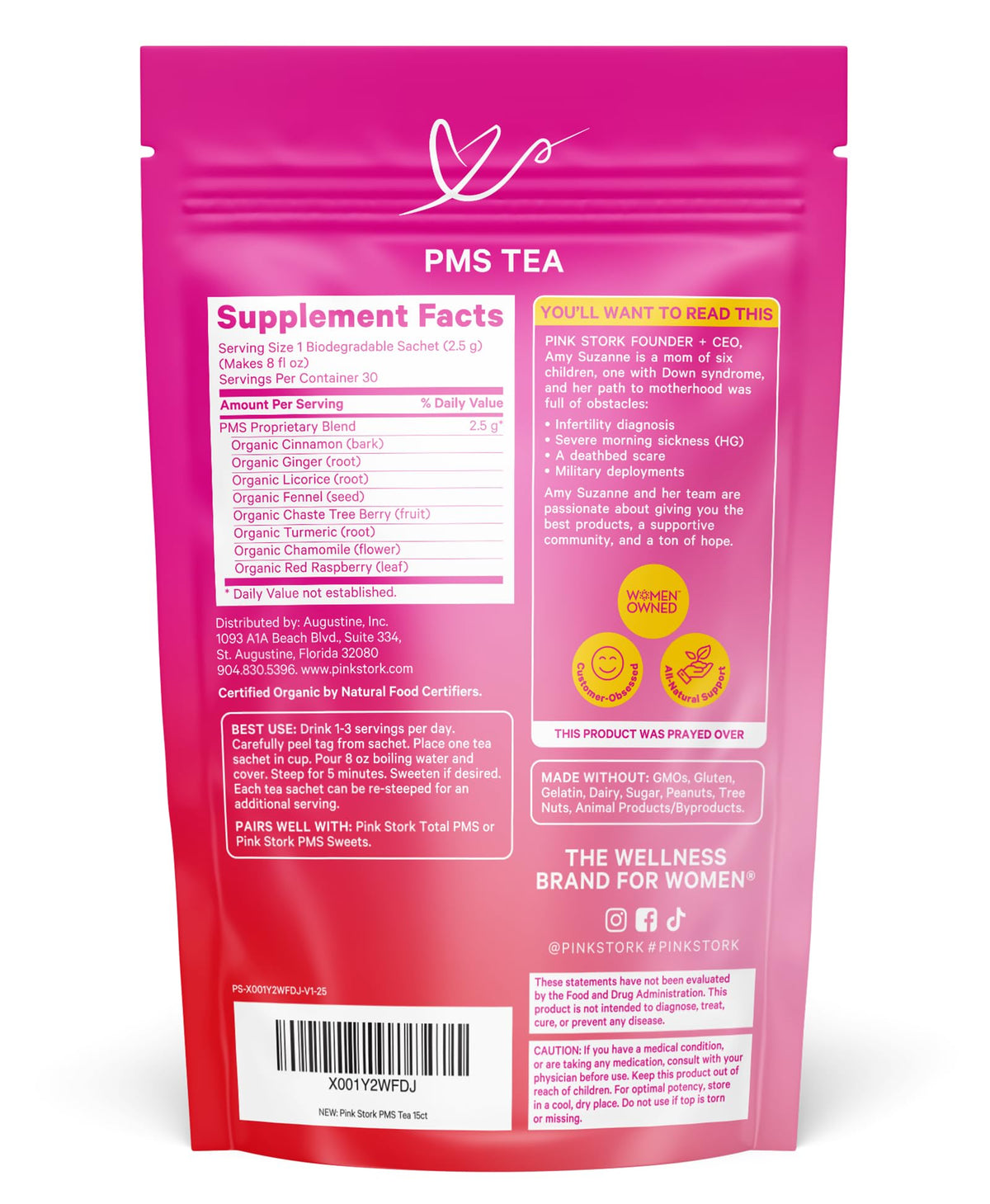 Pink Stork PMS Tea sachet closeup highlights caffeine-free comfort.
