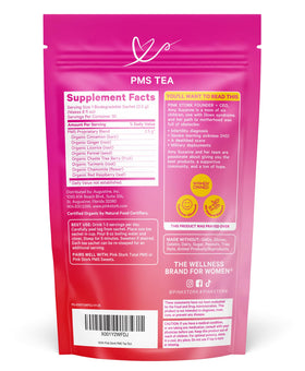 Pink Stork PMS Tea sachet closeup highlights caffeine-free comfort.