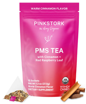 Pink Stork PMS Tea sachet packaging highlights a soothing herbal blend for hormonal support.
