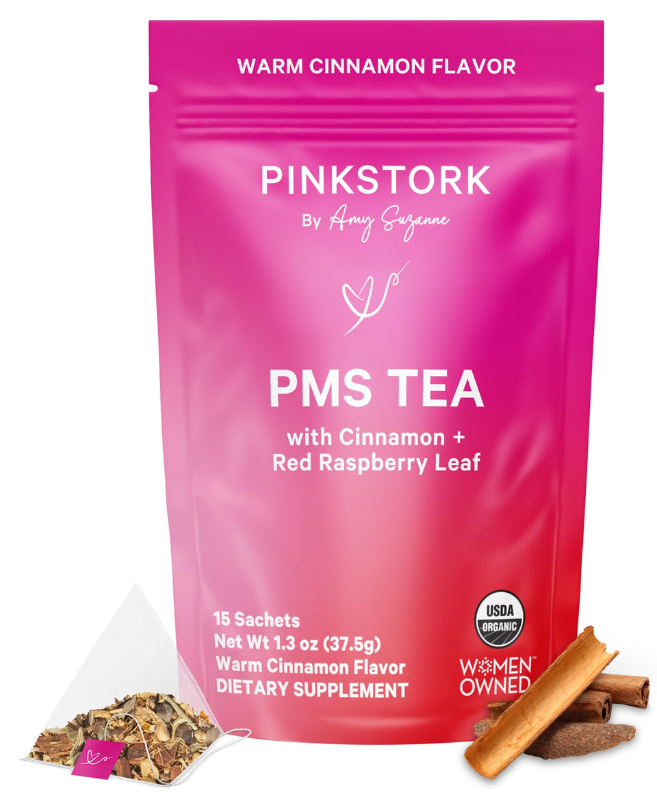 Pink Stork PMS Tea sachet packaging highlights a soothing herbal blend for hormonal support.