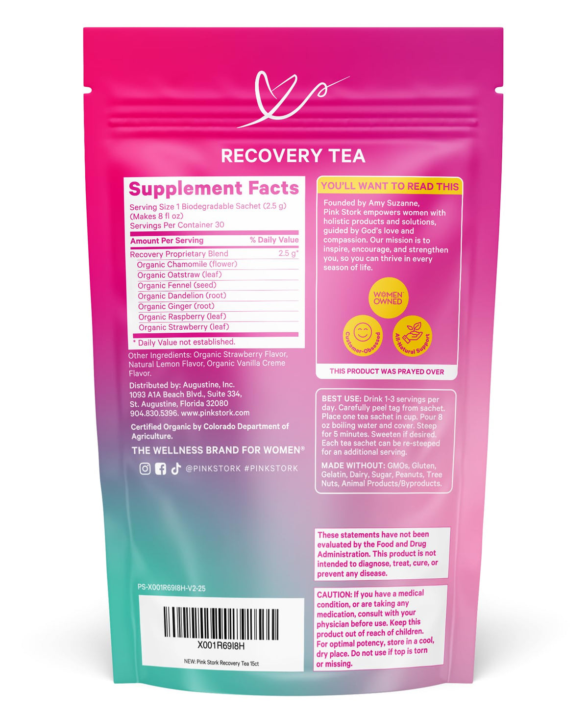 Pink Stork Postpartum Recovery Tea label close-up emphasizing caffeine-free formula