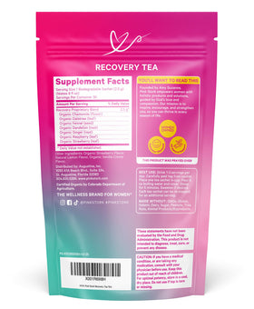 Pink Stork Postpartum Recovery Tea label close-up emphasizing caffeine-free formula