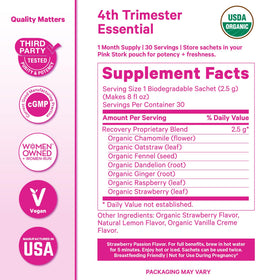 Pink Stork Postpartum Recovery Tea packaging highlighting USDA organic blend
