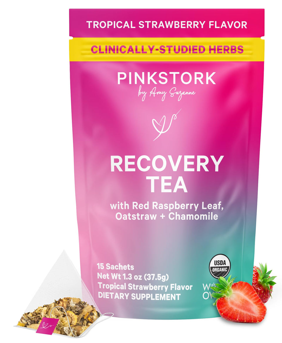 Pink Stork Postpartum Recovery Tea sachet with organic herbs for gentle recovery