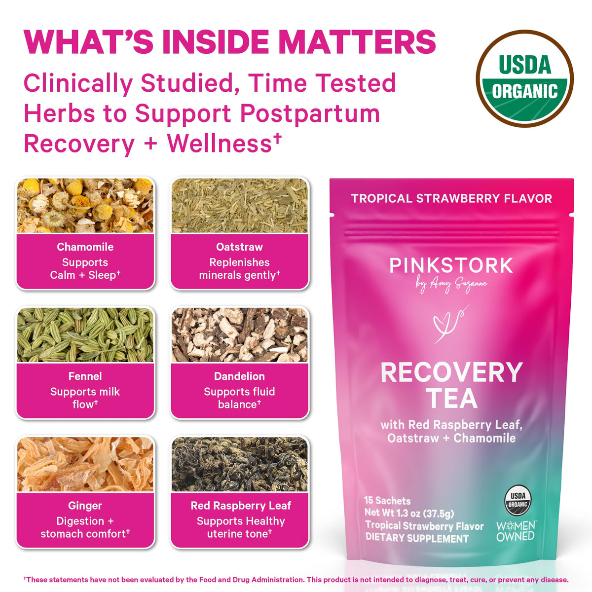 Pink Stork Postpartum Recovery Tea steeping to support relaxation after birth