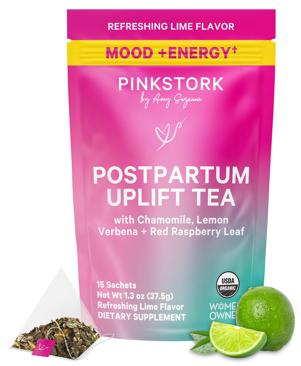 Pink Stork Postpartum Uplift Tea cup steeping for calming mood support.