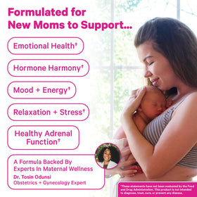 Pink Stork Postpartum Uplift Tea dried herbs display for natural recovery flavors.