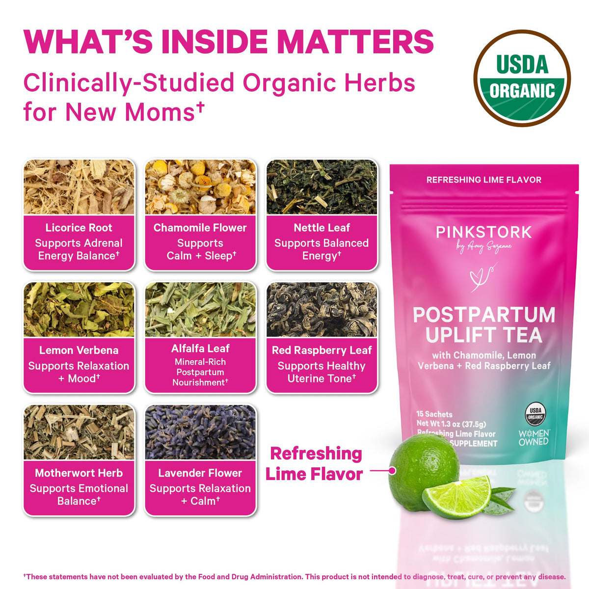 Pink Stork Postpartum Uplift Tea packaging close-up highlighting organic ingredients.