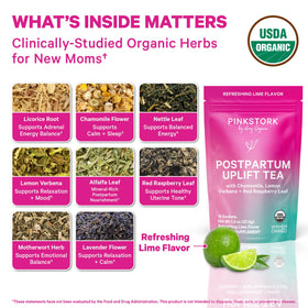 Pink Stork Postpartum Uplift Tea packaging close-up highlighting organic ingredients.