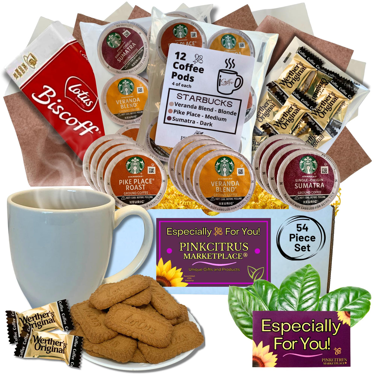 PINKCITRUS MARKETPLACE coffee mug gift set shown with contents and packaging