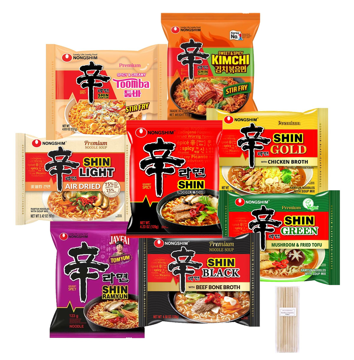 Pinstar Premium Shin Ramyun combo pack showcasing eight flavors for quick meal ideas