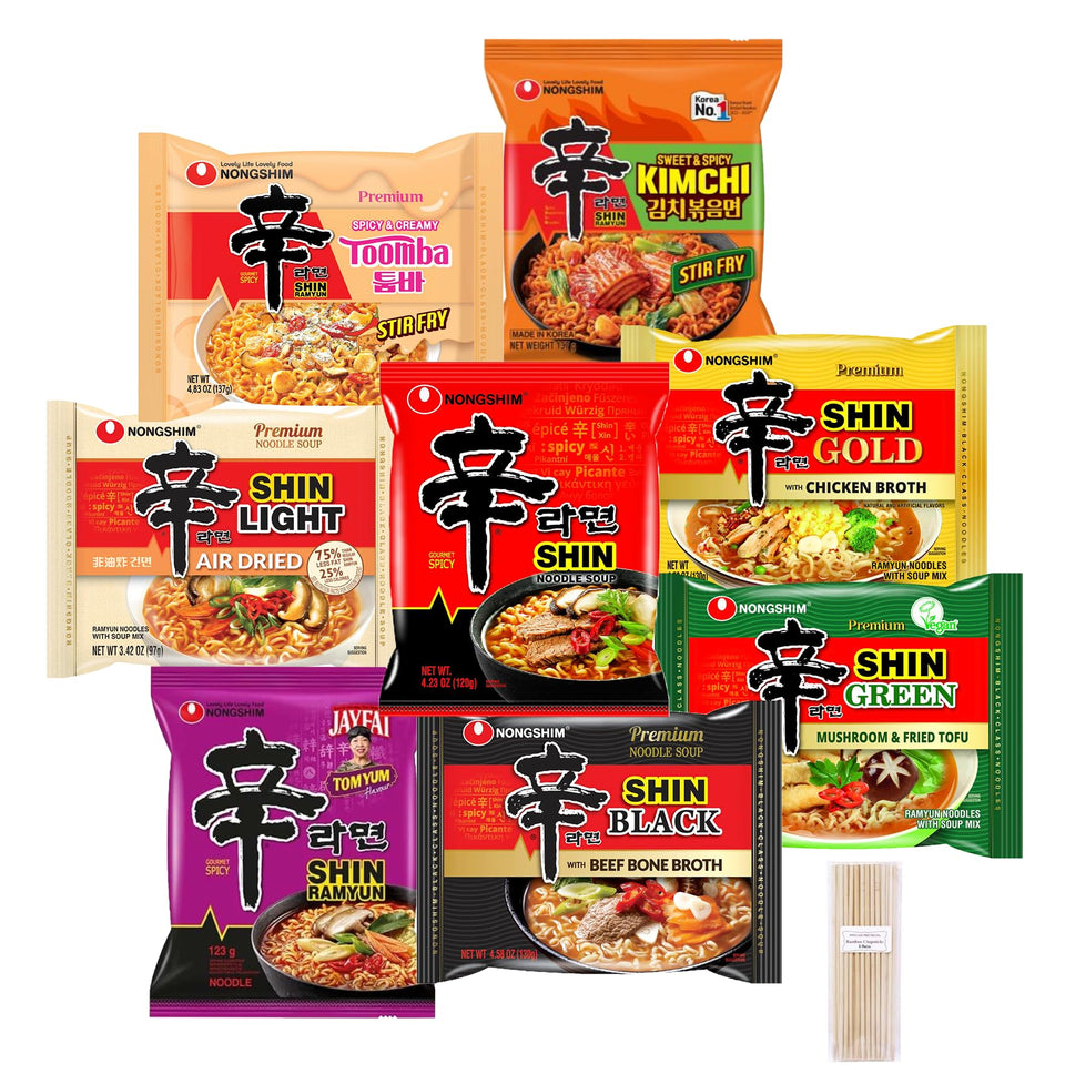 Pinstar Premium Shin Ramyun combo pack showcasing eight flavors for quick meal ideas