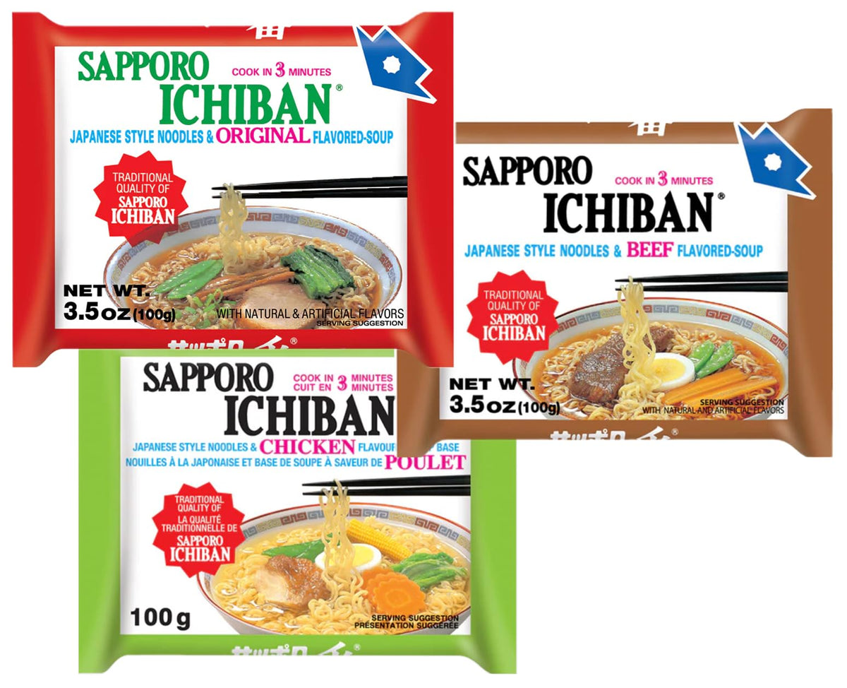 Pinstar Premium Sapporo variety pack flavors display highlighting Original, Beef, Chicken, Tonkotsu, Yakisoba, Miso