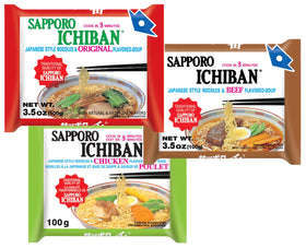 Pinstar Premium Sapporo variety pack flavors display highlighting Original, Beef, Chicken, Tonkotsu, Yakisoba, Miso