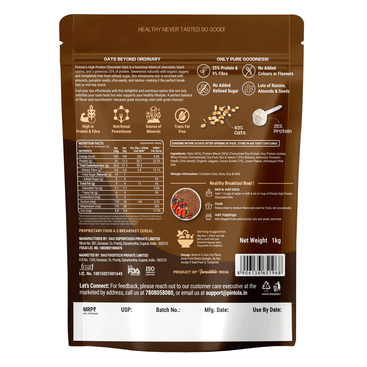 Pintola Oats Dark Chocolate bulk pack designed for family meals and baking.