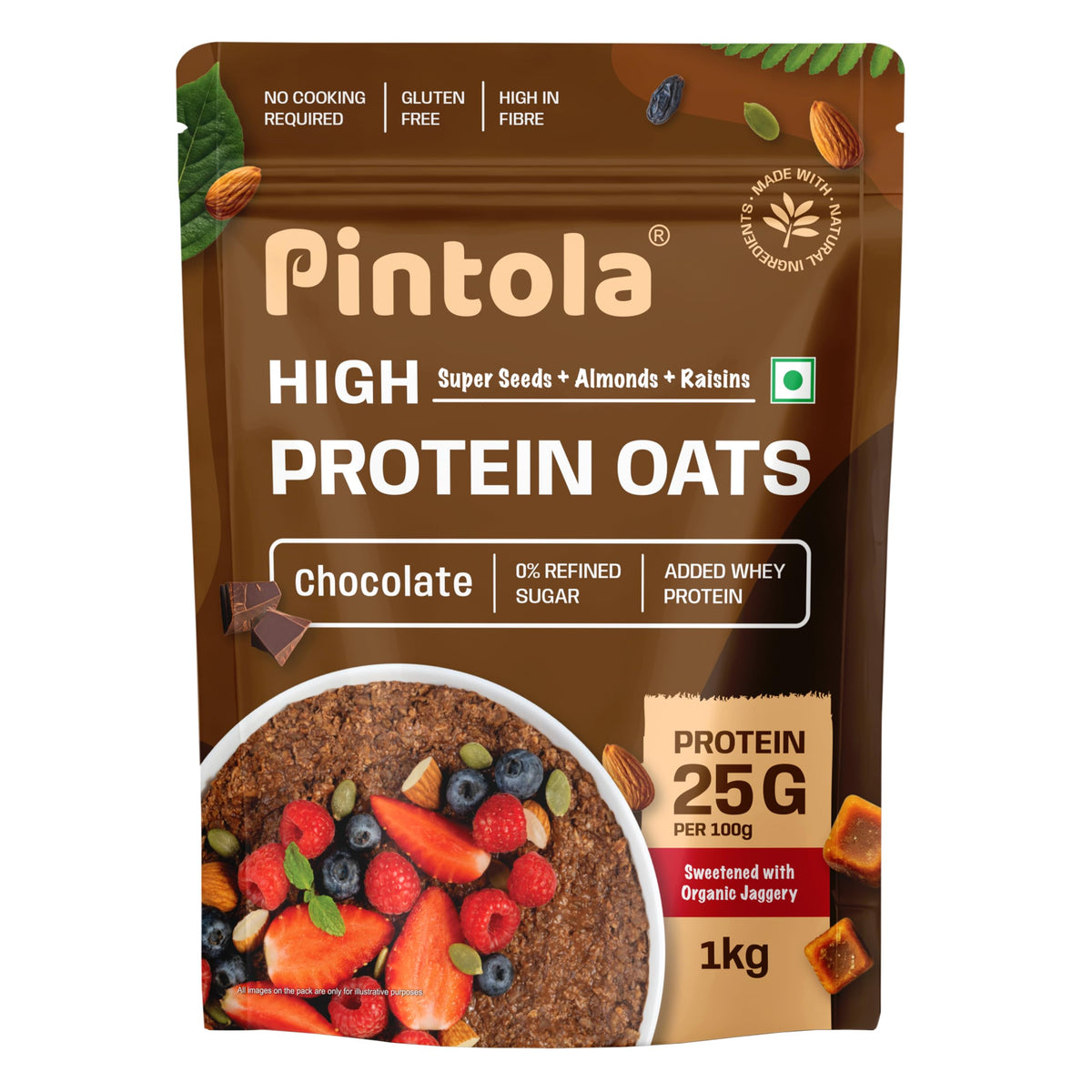 Pintola Oats Dark Chocolate packshot with 1kg bag ready for pantry use.