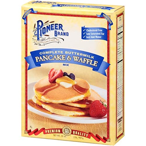 Pioneer 32 oz pancake mix on kitchen counter ready to use