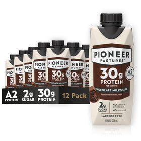 Pioneer Pastures A2 milkshake chocolate bottle showing creamy, protein-rich on-the-go option