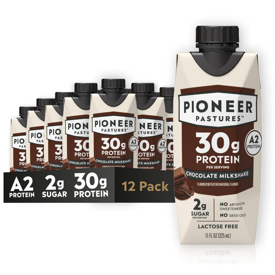 Pioneer Pastures A2 milkshake chocolate bottle showing creamy, protein-rich on-the-go option