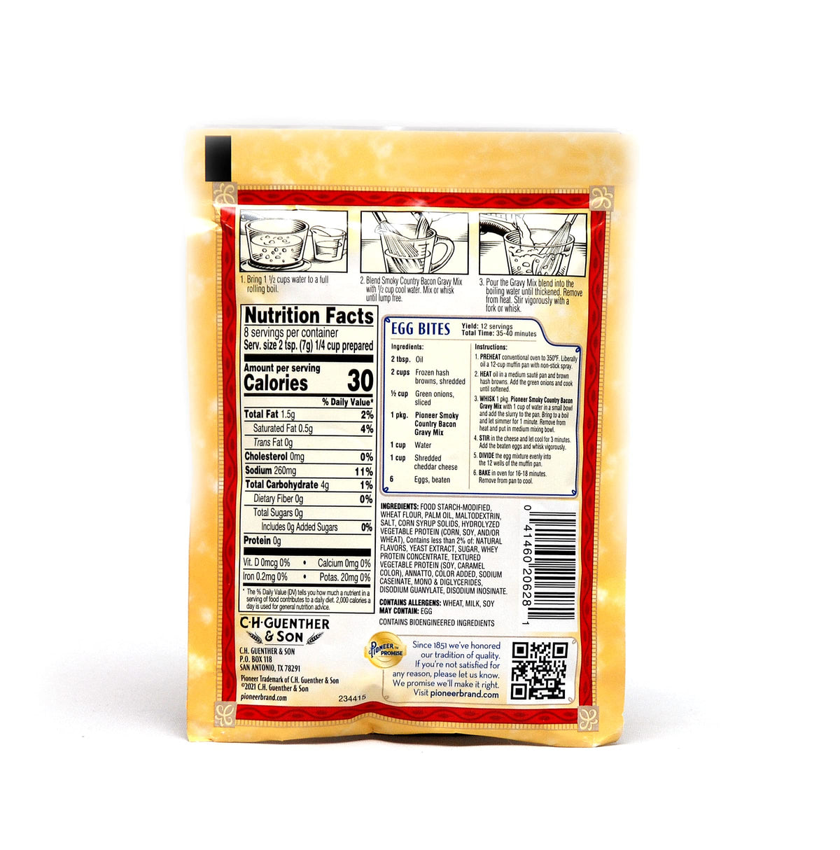 Pioneer Smoky Country Bacon Gravy pack with recipe card supports versatile meals