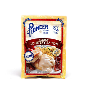 Pioneer Smoky Country Bacon Gravy packet back shows easy 3-step preparation