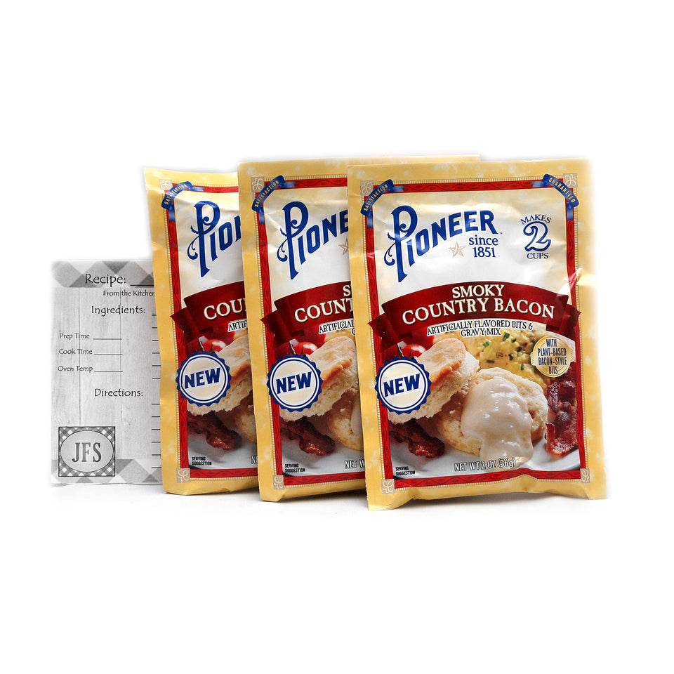 Pioneer Smoky Country Bacon Gravy packet front view, ideal for quick breakfast topping