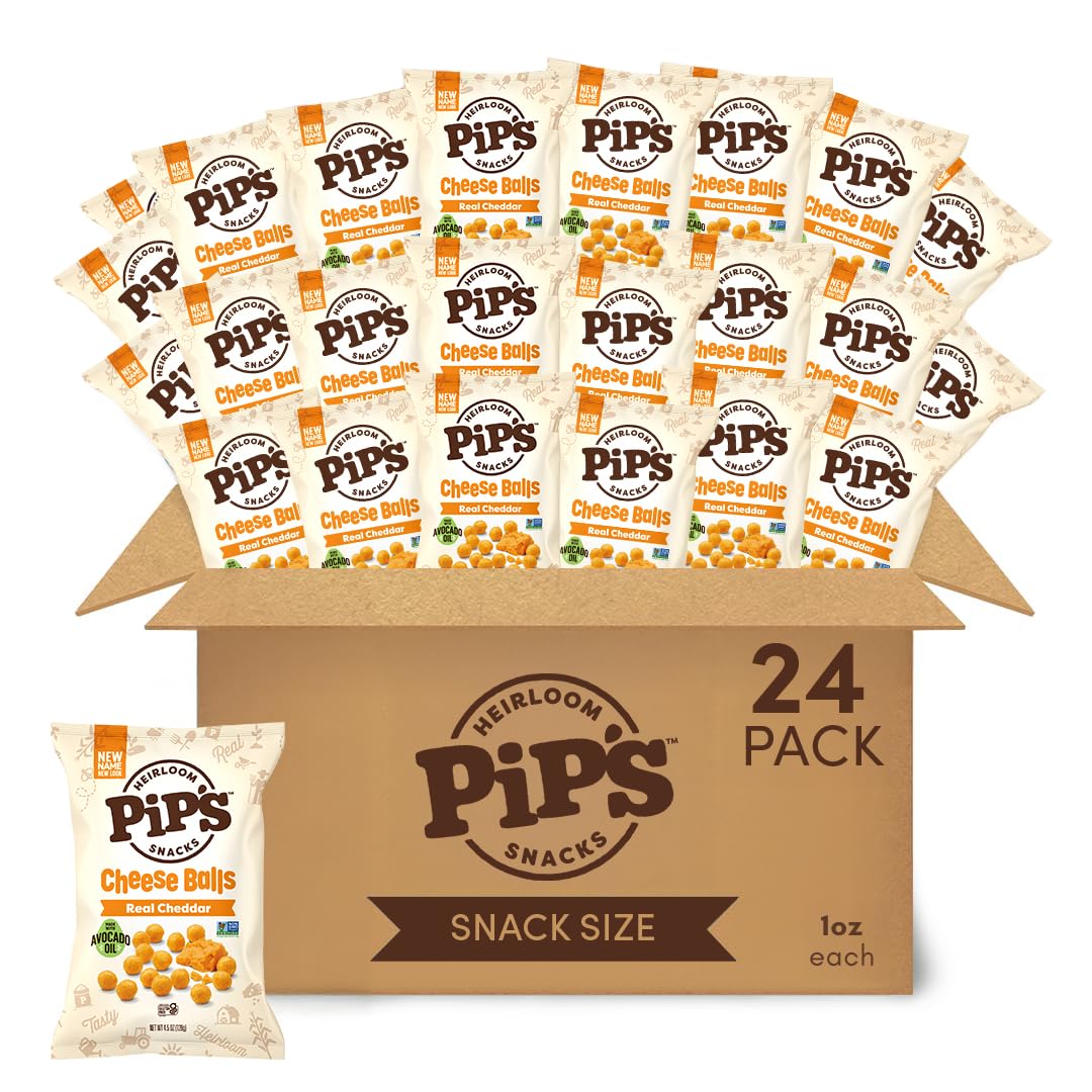 Pipcorn cheddar cheese balls 1oz pack, portion-controlled snack.