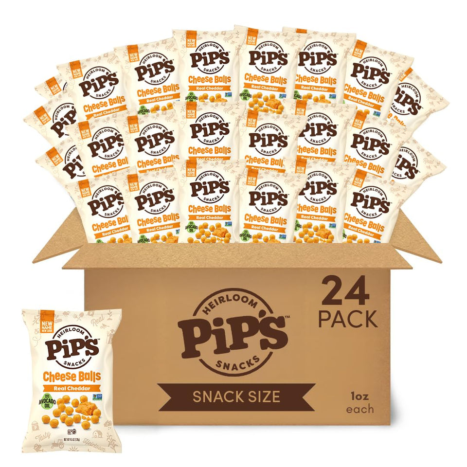 Pipcorn cheddar cheese balls 1oz pack, portion-controlled snack.