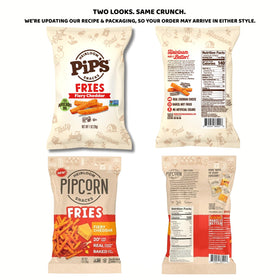 Pip's Fiery Cheddar Fries close-up—crisp bite, gluten-free and non-GMO.