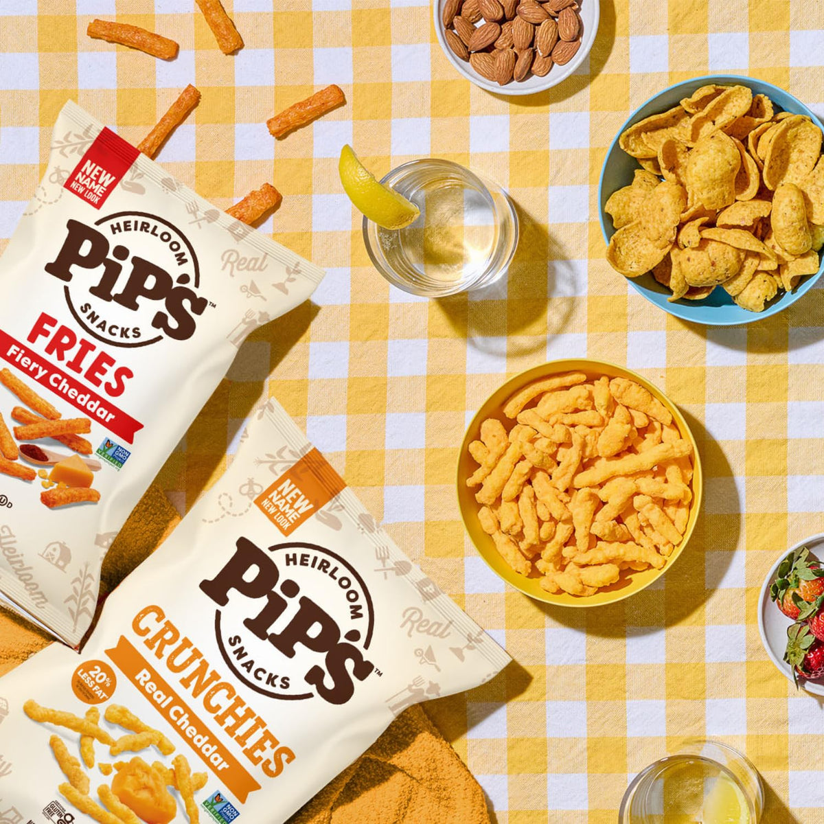 Pip's Fiery Cheddar Fries packaging—eco-friendly family snack ready to share.