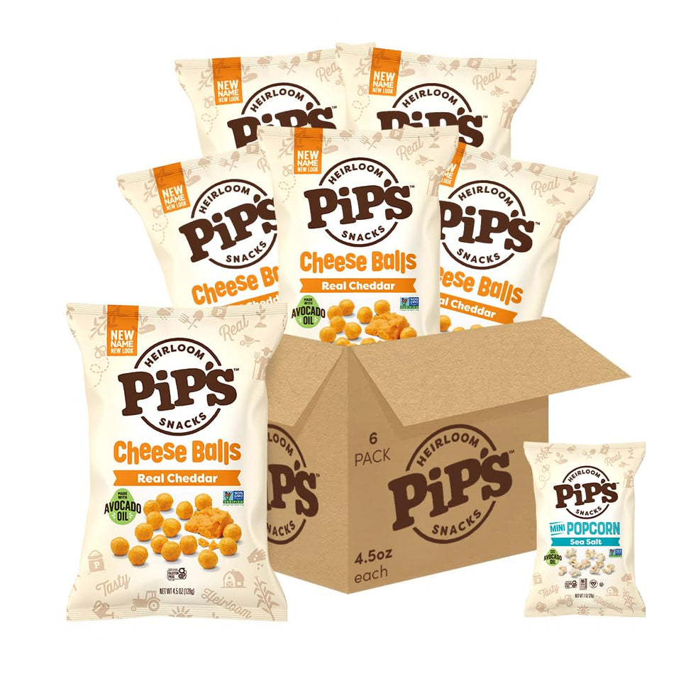 Packaging on display for six-pack convenience of Pip's Heirloom Cheddar Balls.