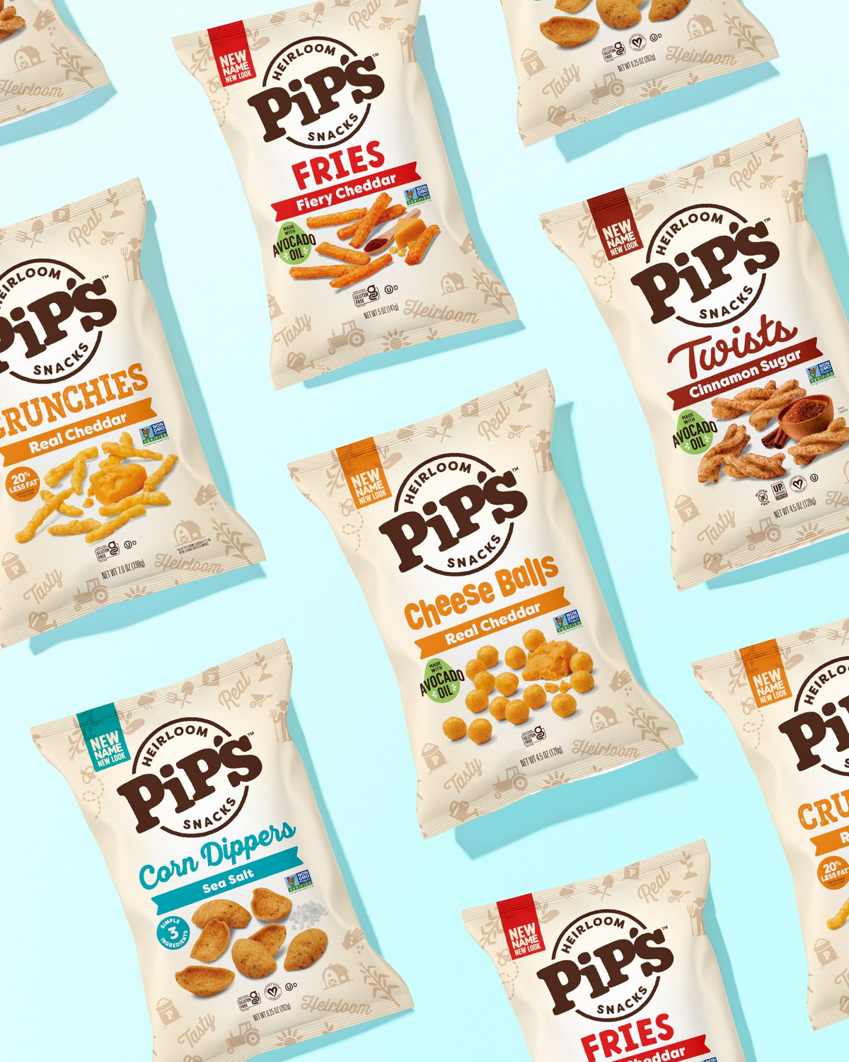 Non-GMO and gluten-free badge visible on Pip's packaging.