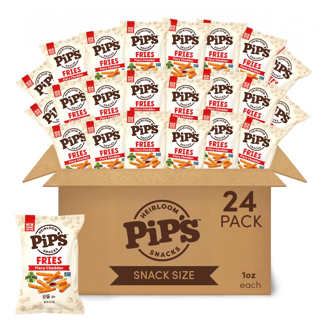 Pip's Heirloom Fiery Cheddar Fries 1oz bag—crispy cheddar flavor for on-the-go snacking.